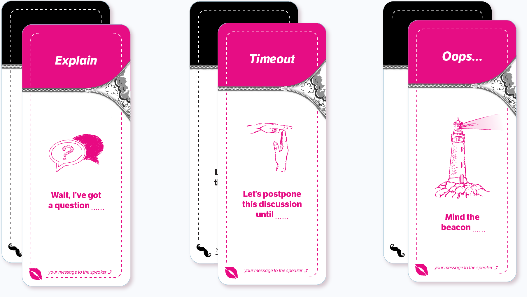 3 black Listener's Cards, and 3 pink Listener's Cards